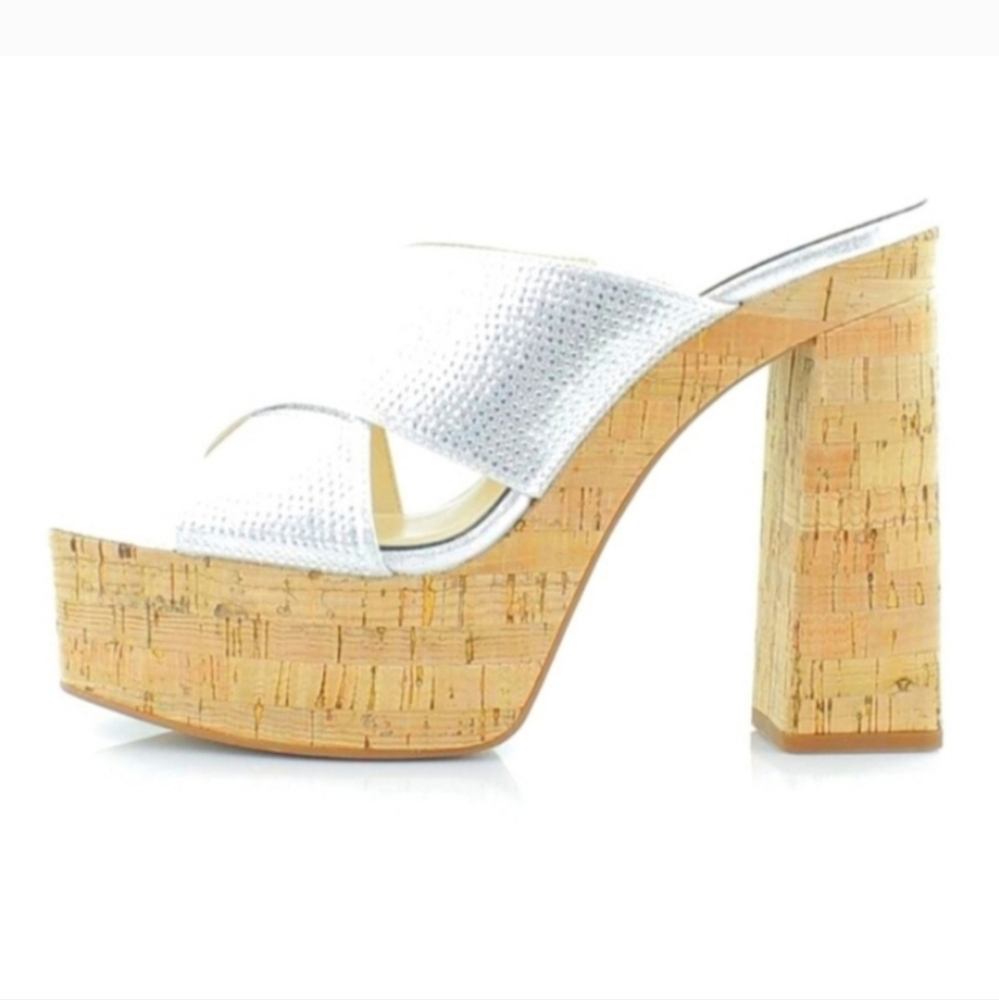 Nwt...new In Box Silver Embellished Platform Sandals with Cork Heel